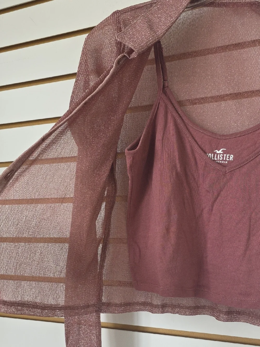 Hollister Dusty Rose Sheer Sparkle Cardigan & Tank Set